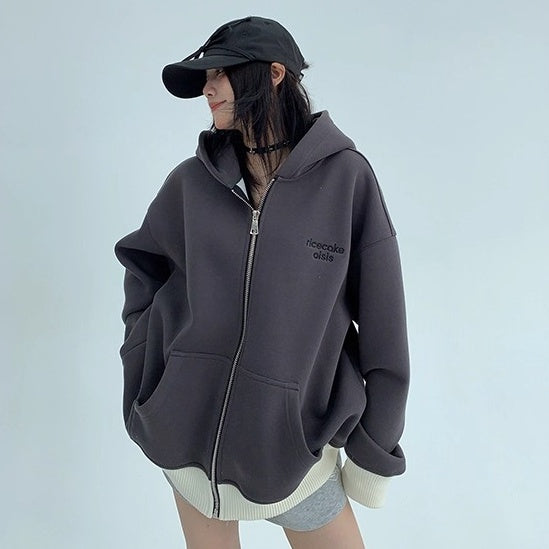Contrast Embroidery Zip Hooded Jacket OS2043