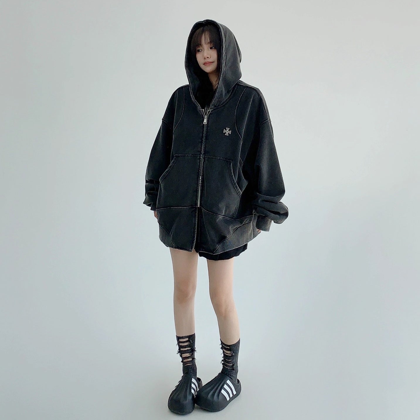 Wash Vintage Cross Badge Loose Hooded Jacket MW10281