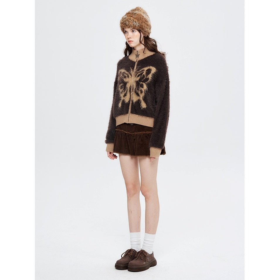 Stand Collar Butterfly Embroidered Cardigan NR7004