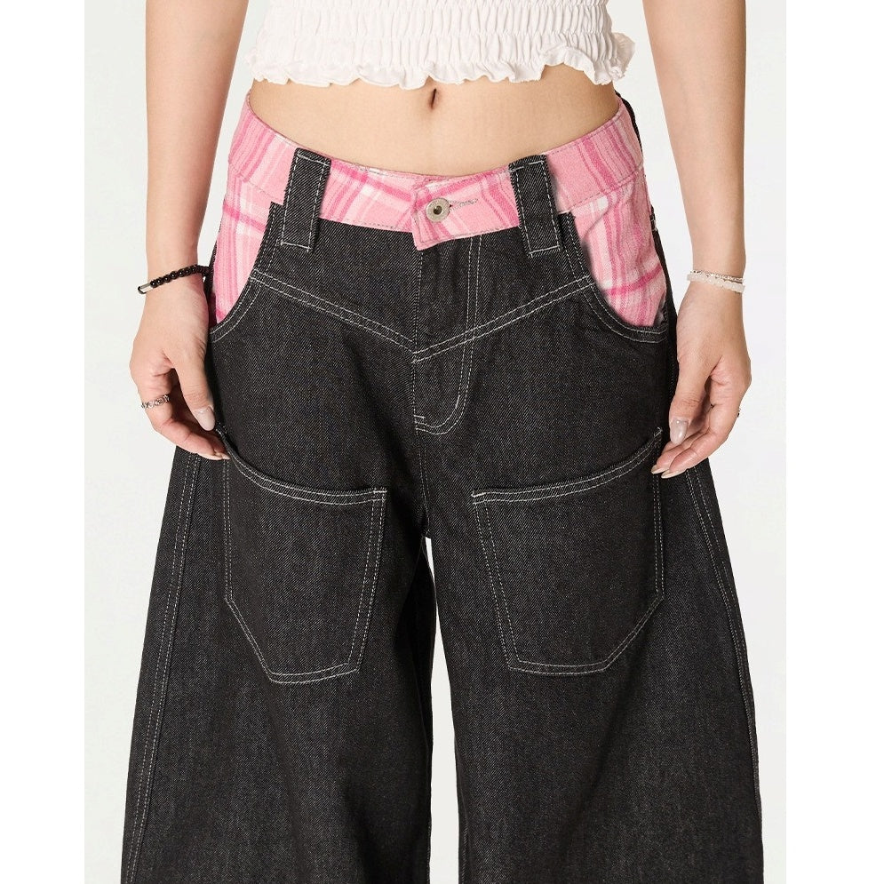 Check-panelled Curve Buggy Jeans MW10234
