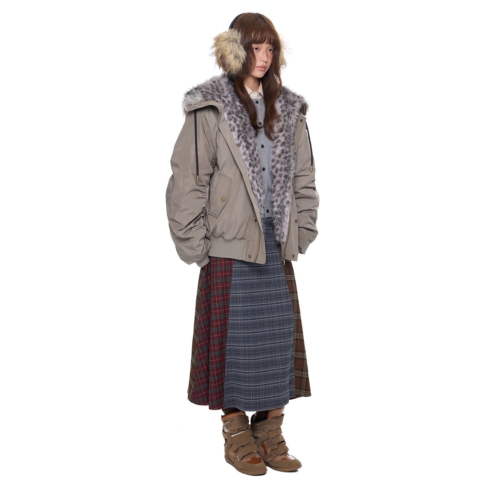 Leopard Liner Fur Short Hooded Jacket EZ273