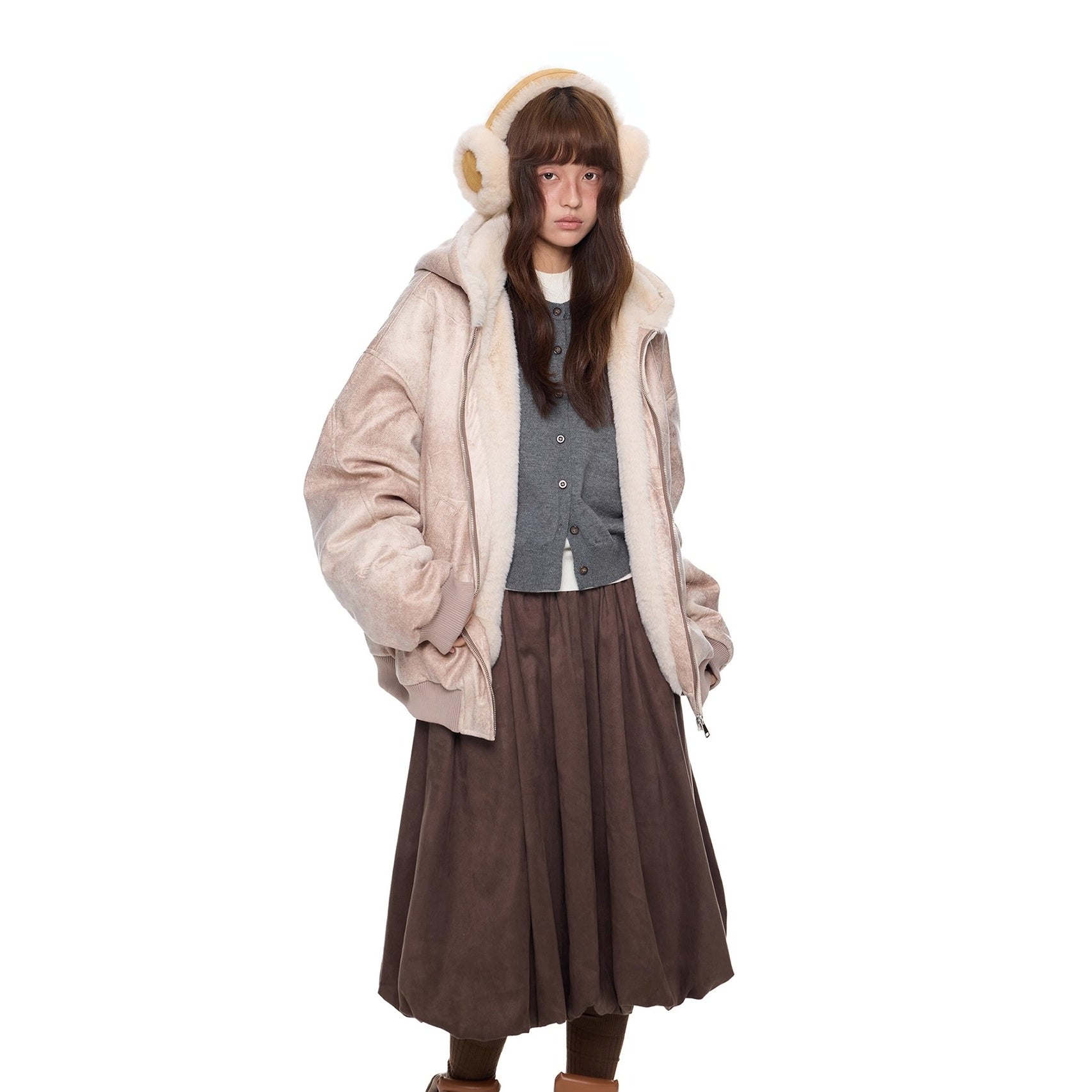 Furry Hooded PU Leather Loose Jacket EZ288