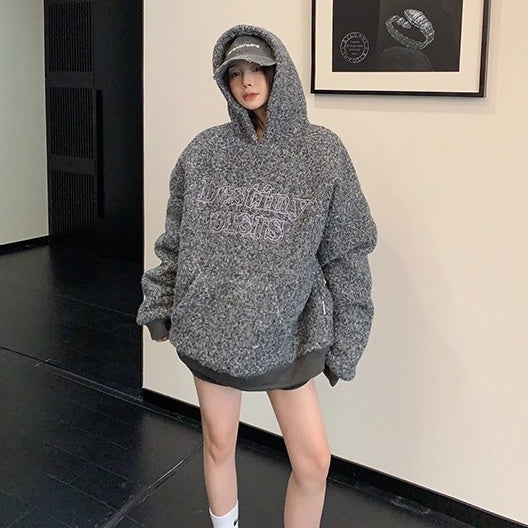 Letter Stitch Oversize Boa Hoodie OS2061