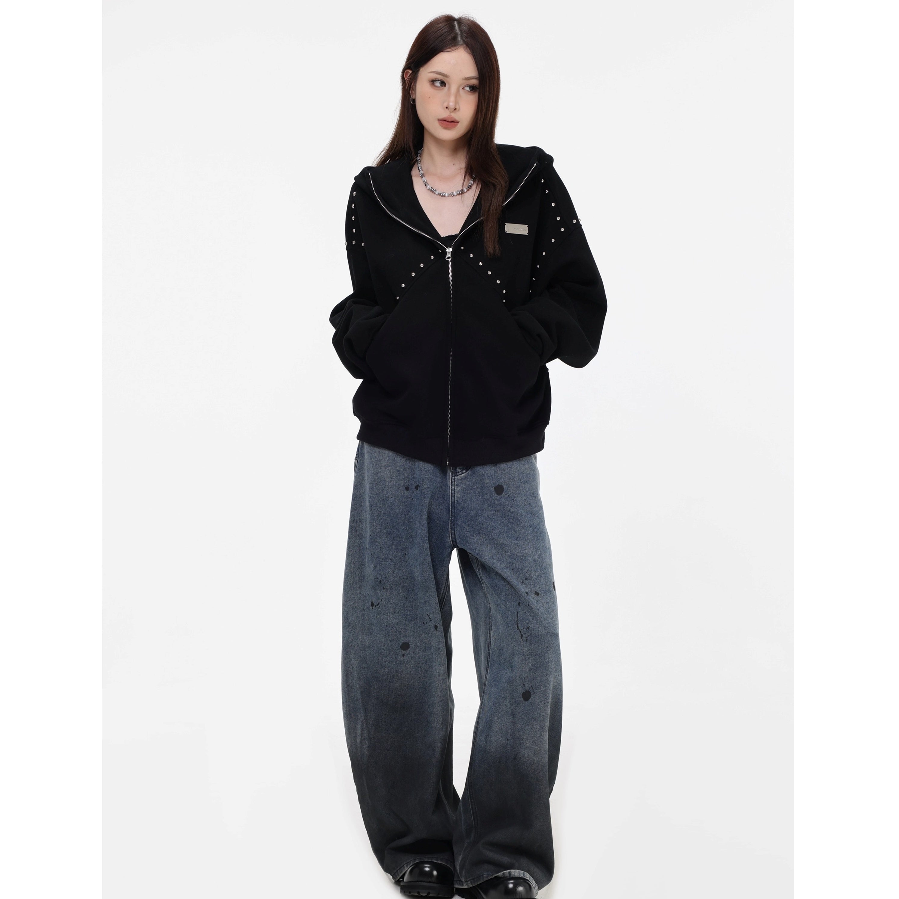 Stitched Rivet Zipper Hooded Jacket IN7016