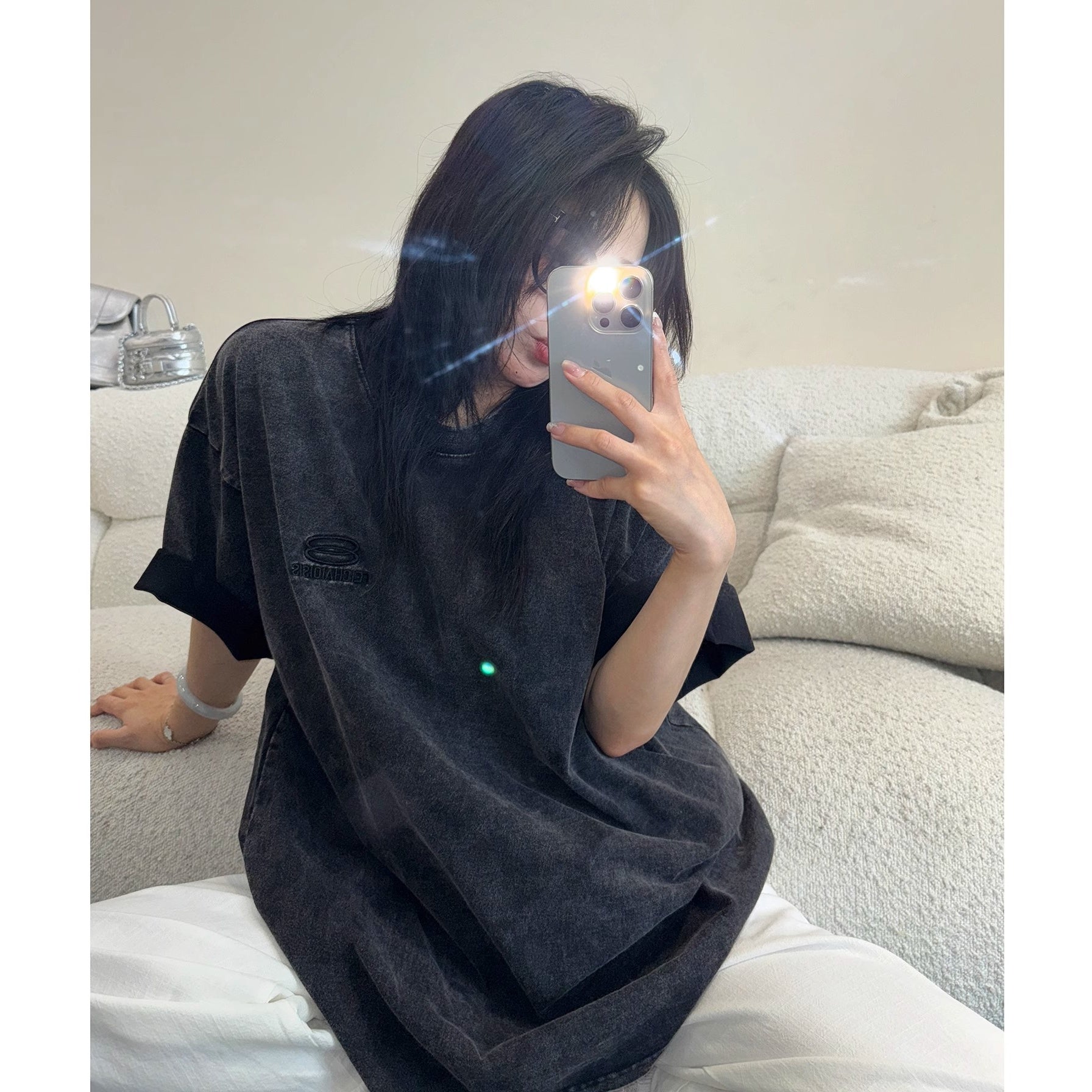 Wash Distressed Embroidery Loose T-shirt OS2013