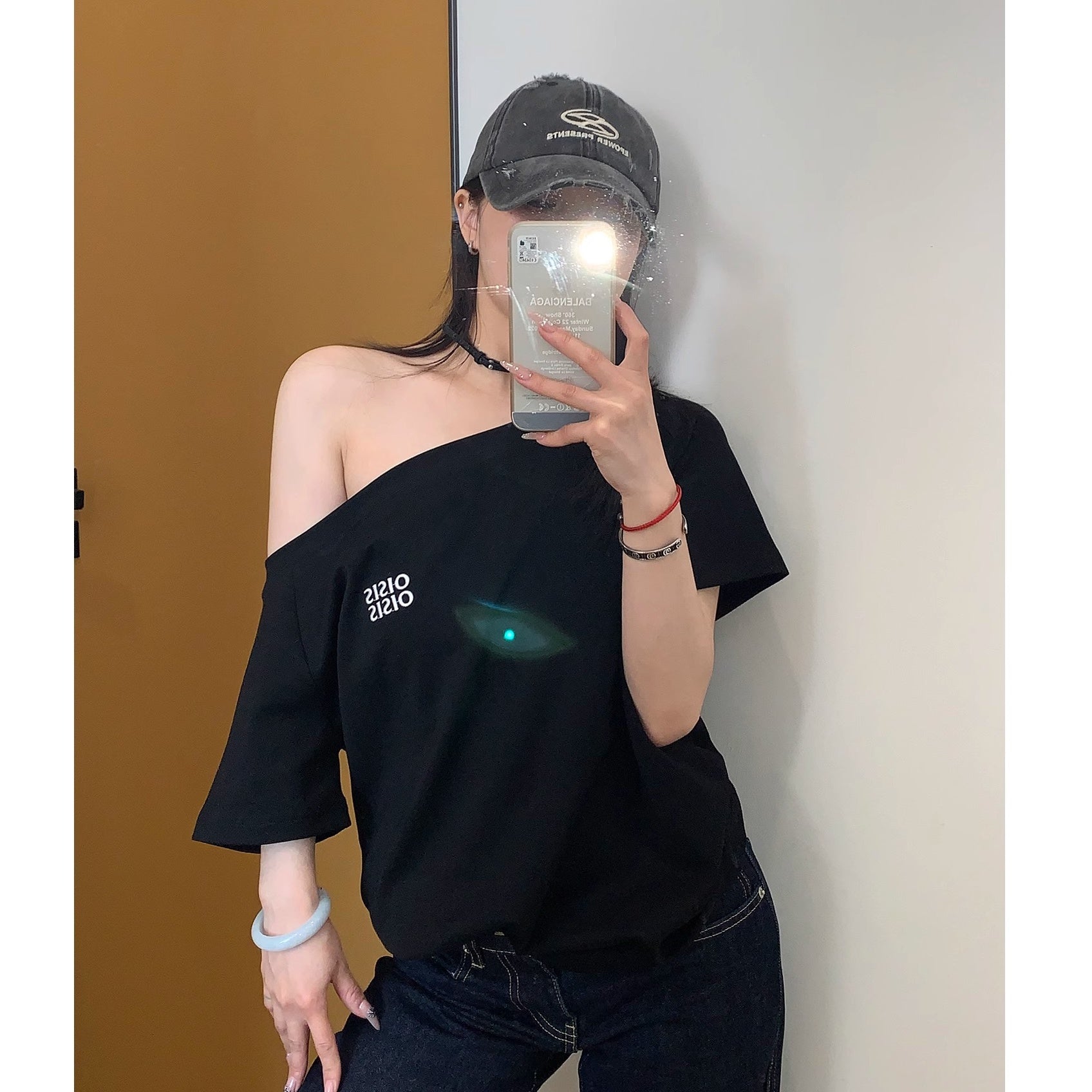 Cropped Slanted Shoulder Embroidered T-shirt OS2017