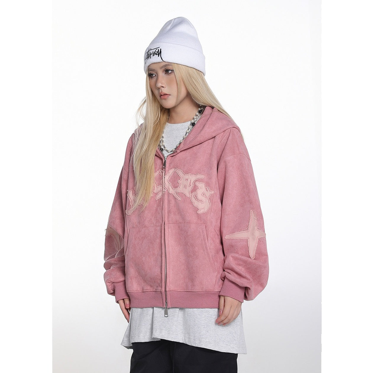 Embroidered Zipper Suede-Like Sweat Parka MW10391