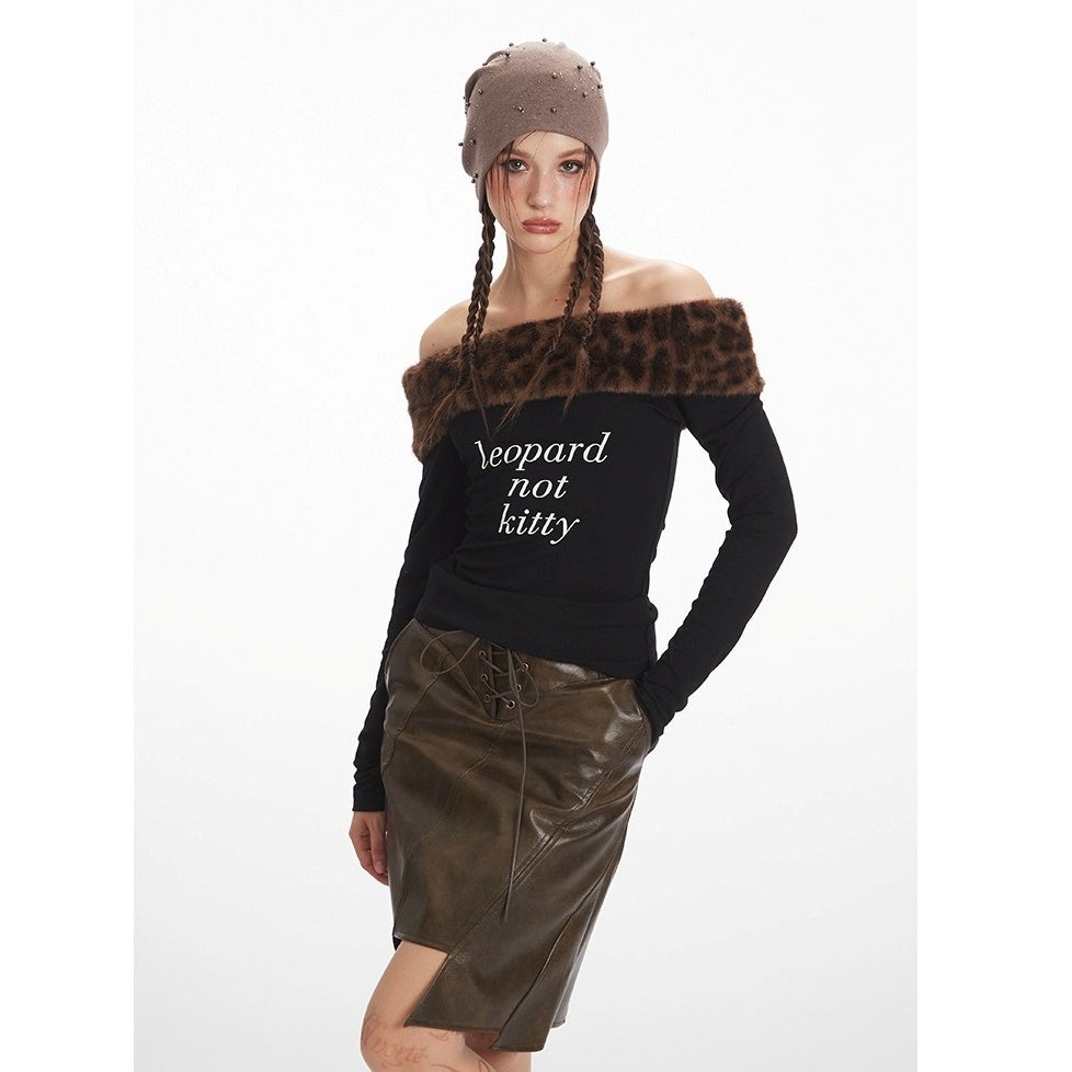 Leopard Fake Fur Off-Shoulder Slim Cutsew NR7008