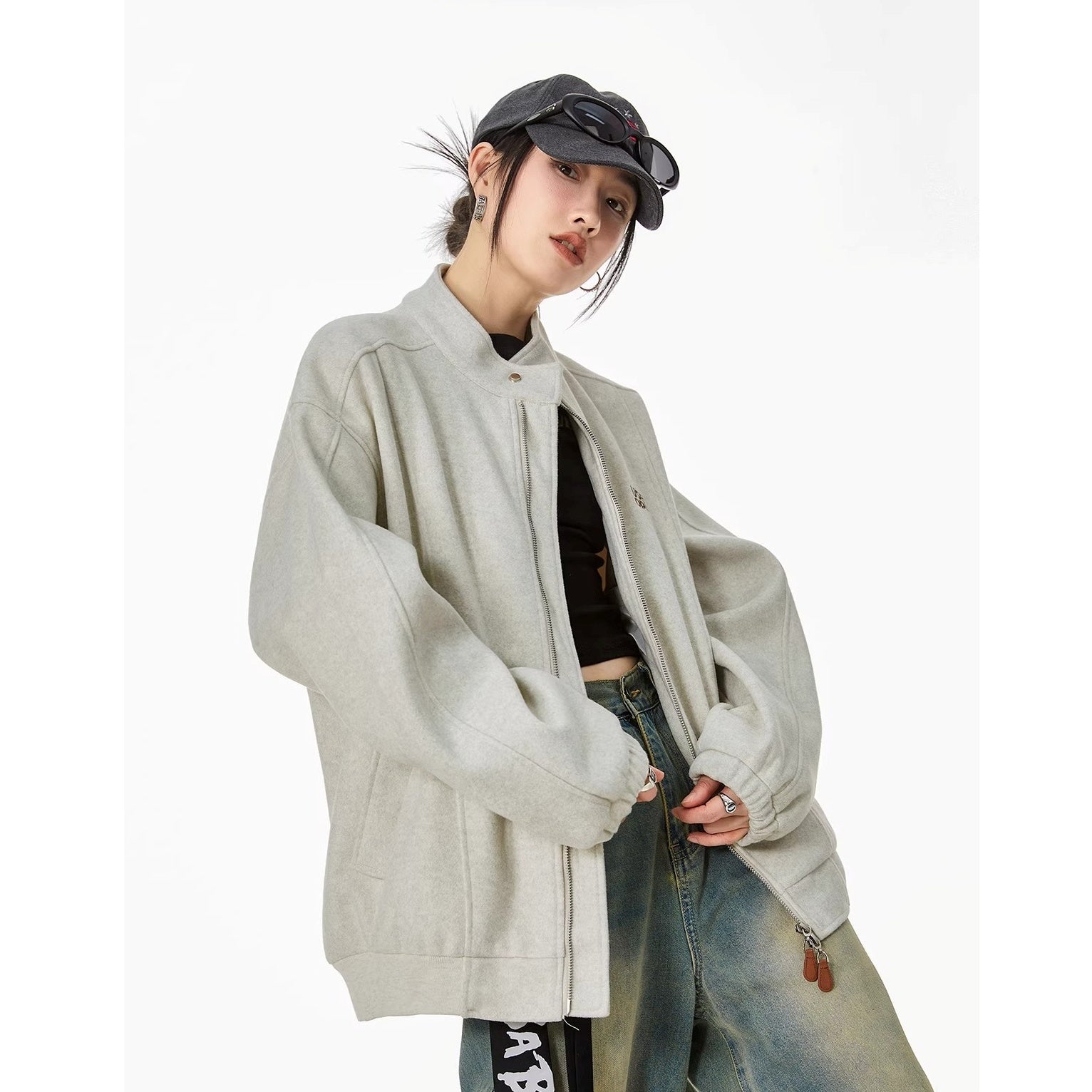 Embroidered Stand Collar Zip Jacket IC9119