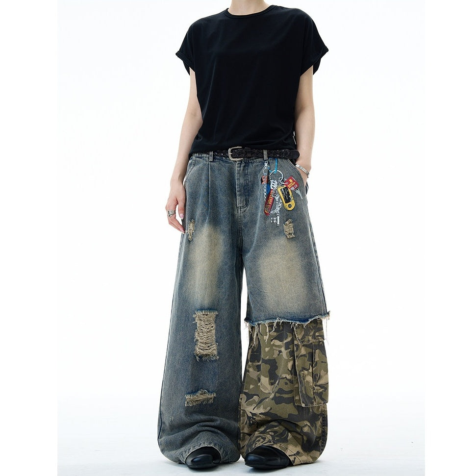 Camouflage Patchwork Loose Ripped Jeans MW10322