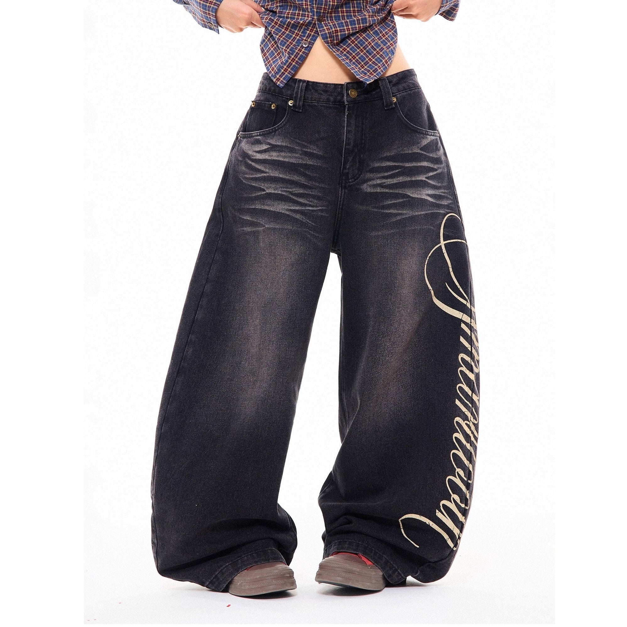 Side Print Washed Cat Whiskers Curve Jeans MW10259