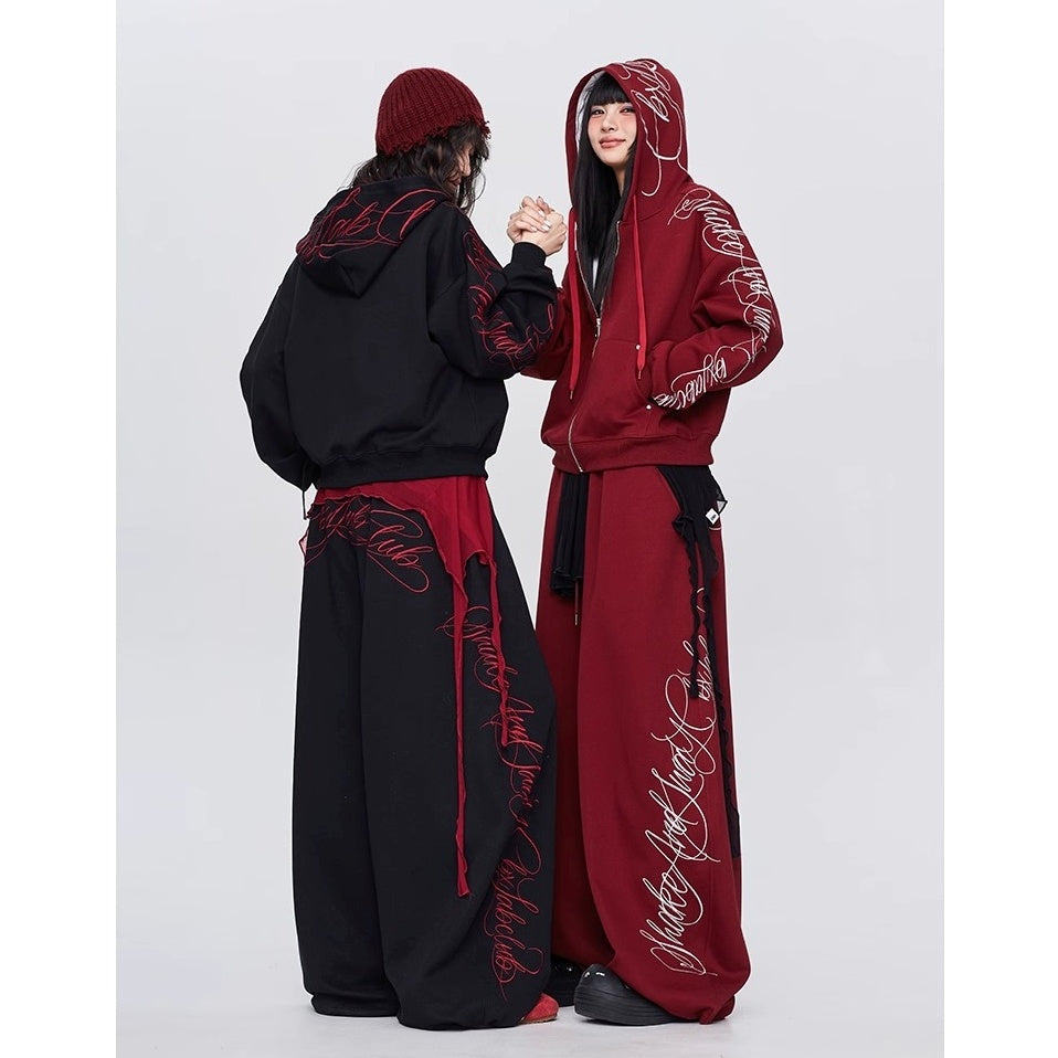 【上下別売り】Gothic Letter Embroidery Hooded Sweat Parka & Pants Set-up CB1001