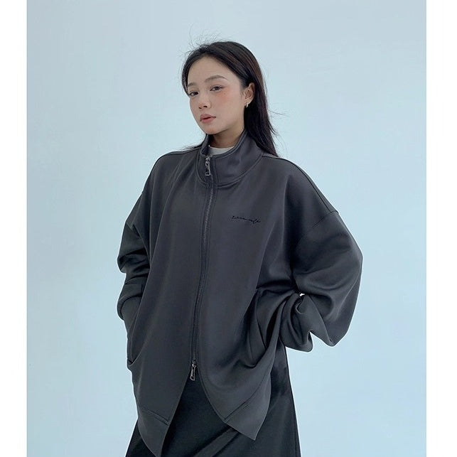 Double Zipper Stand Collar Loose Jacket OS2041