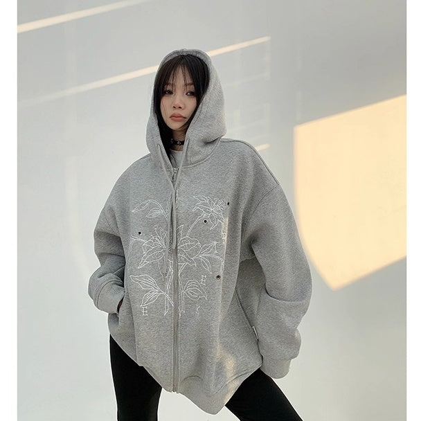 Flower Embroidered Loose Hooded Jacket OS2050