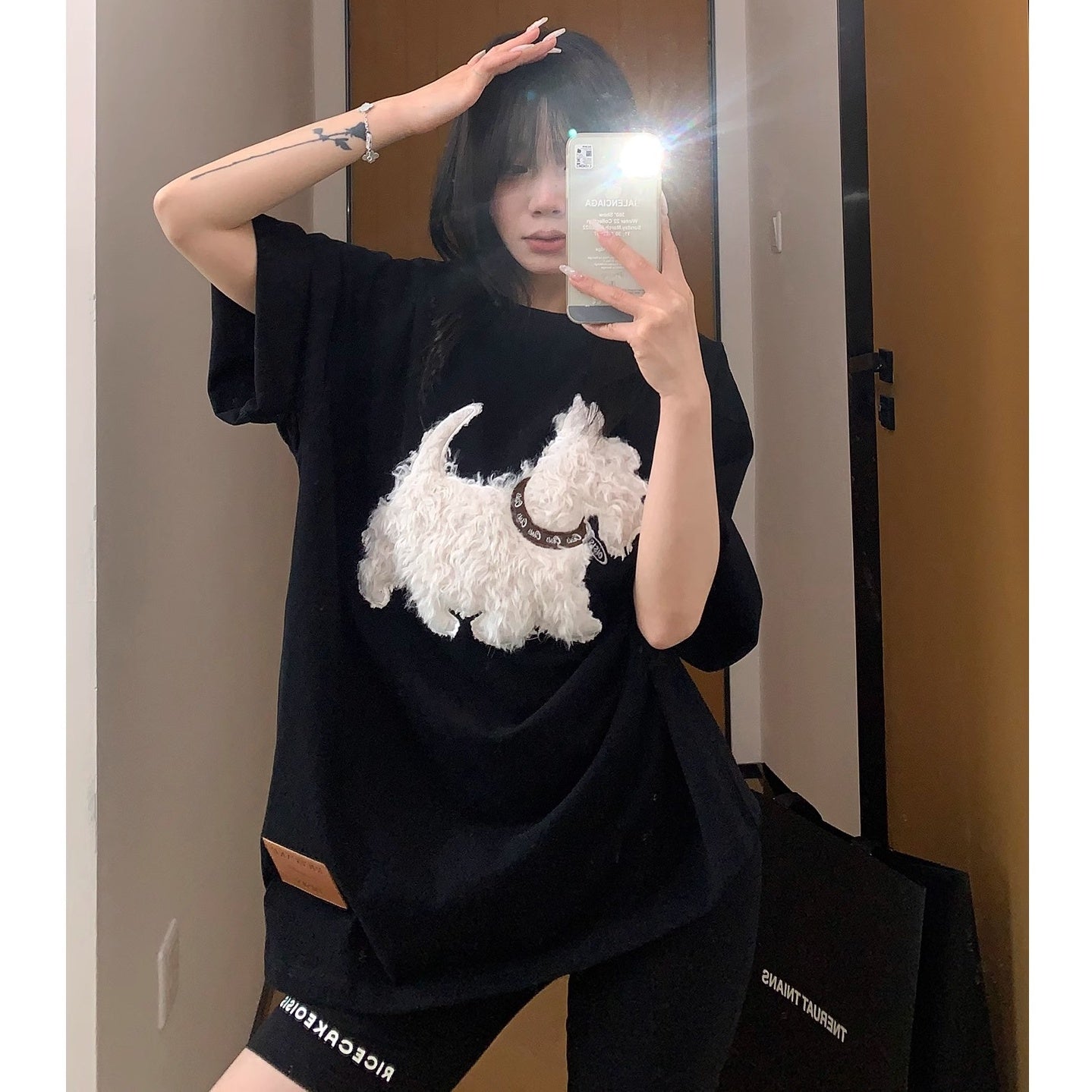 Cartoon Plush Dog Embroidery Loose T-shirt OS2007