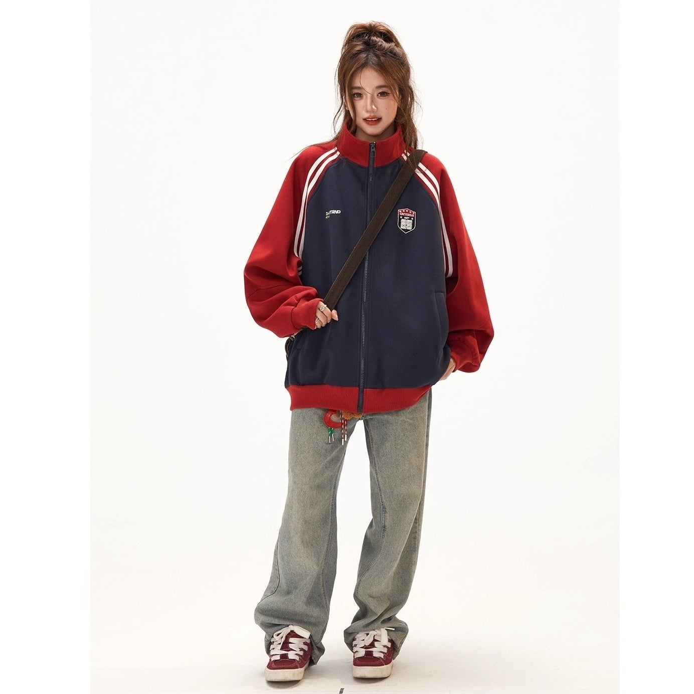 Stand-Collar Raglan Color-blocked Sweat Jacket CA7010