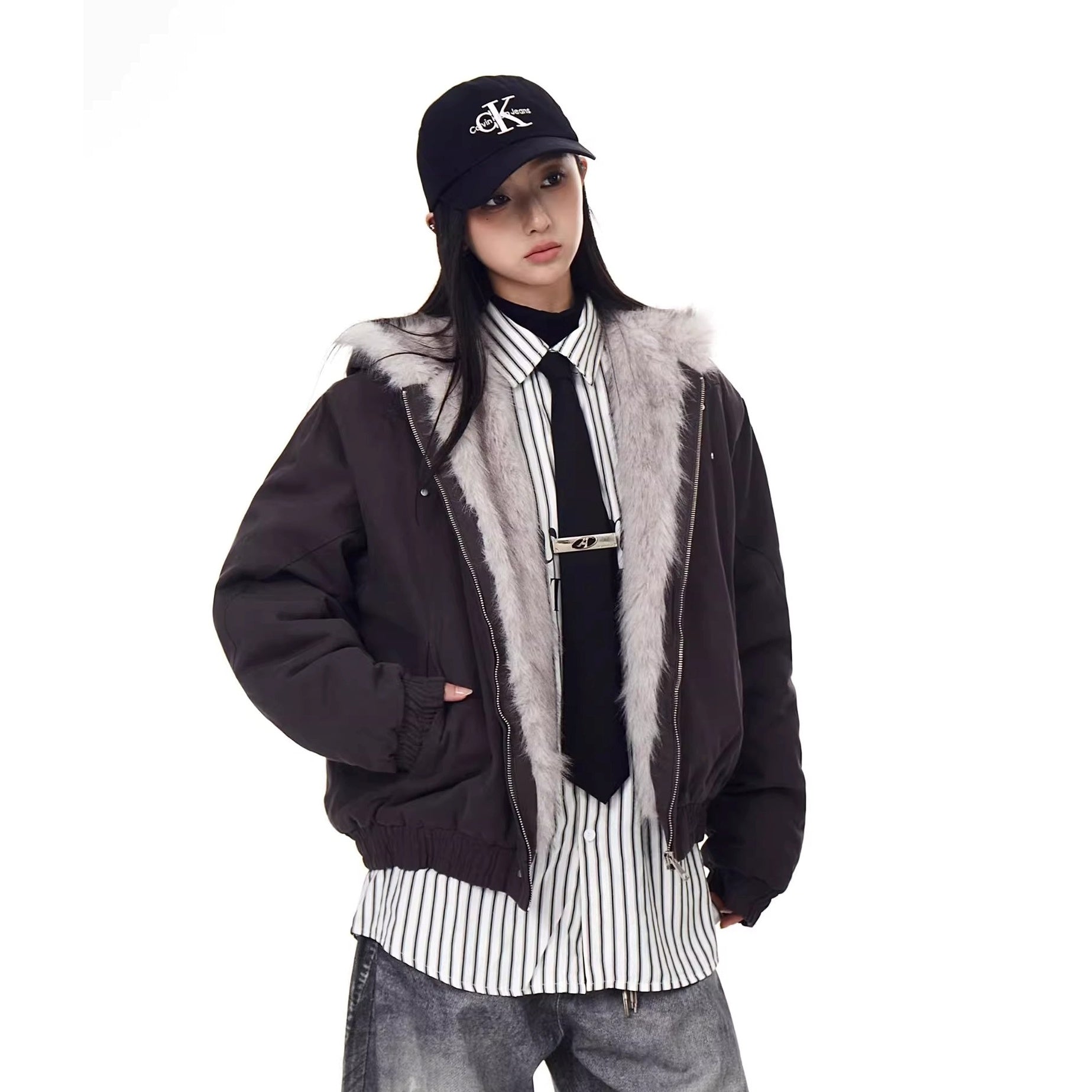 Carving Fur Collar Hooded Jacket BK7051