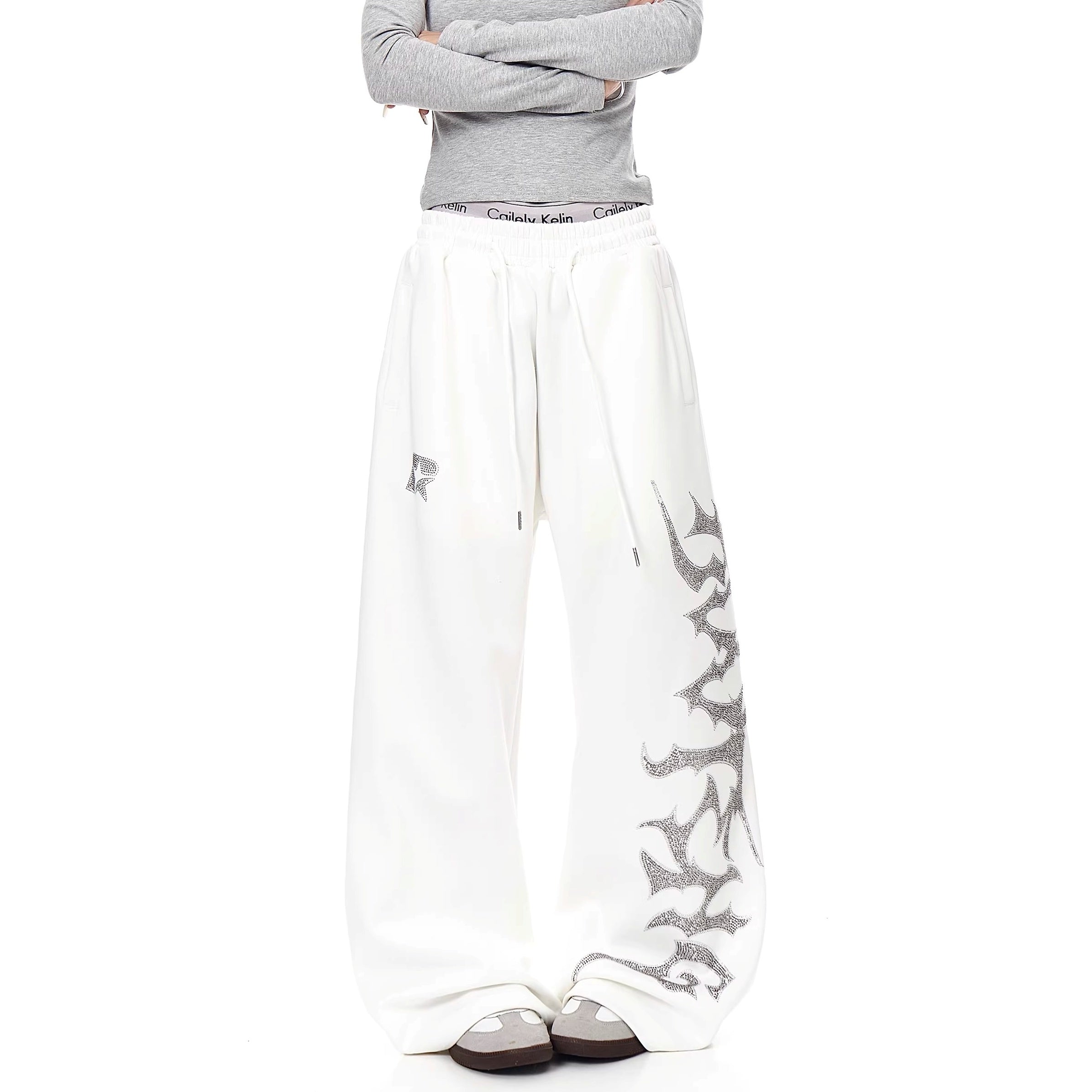 Rhinestone Letter Loose Wide-leg Sweat Pants MW10329