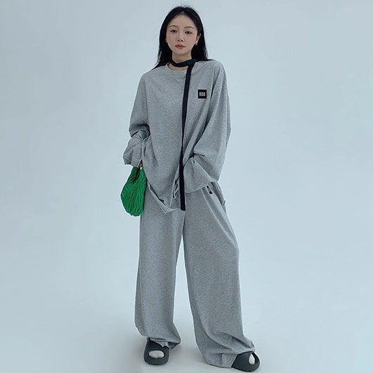 【上下別売り】Tag Design Long-sleeved T-shirt & Loose Casual Pants Set-up OS2033