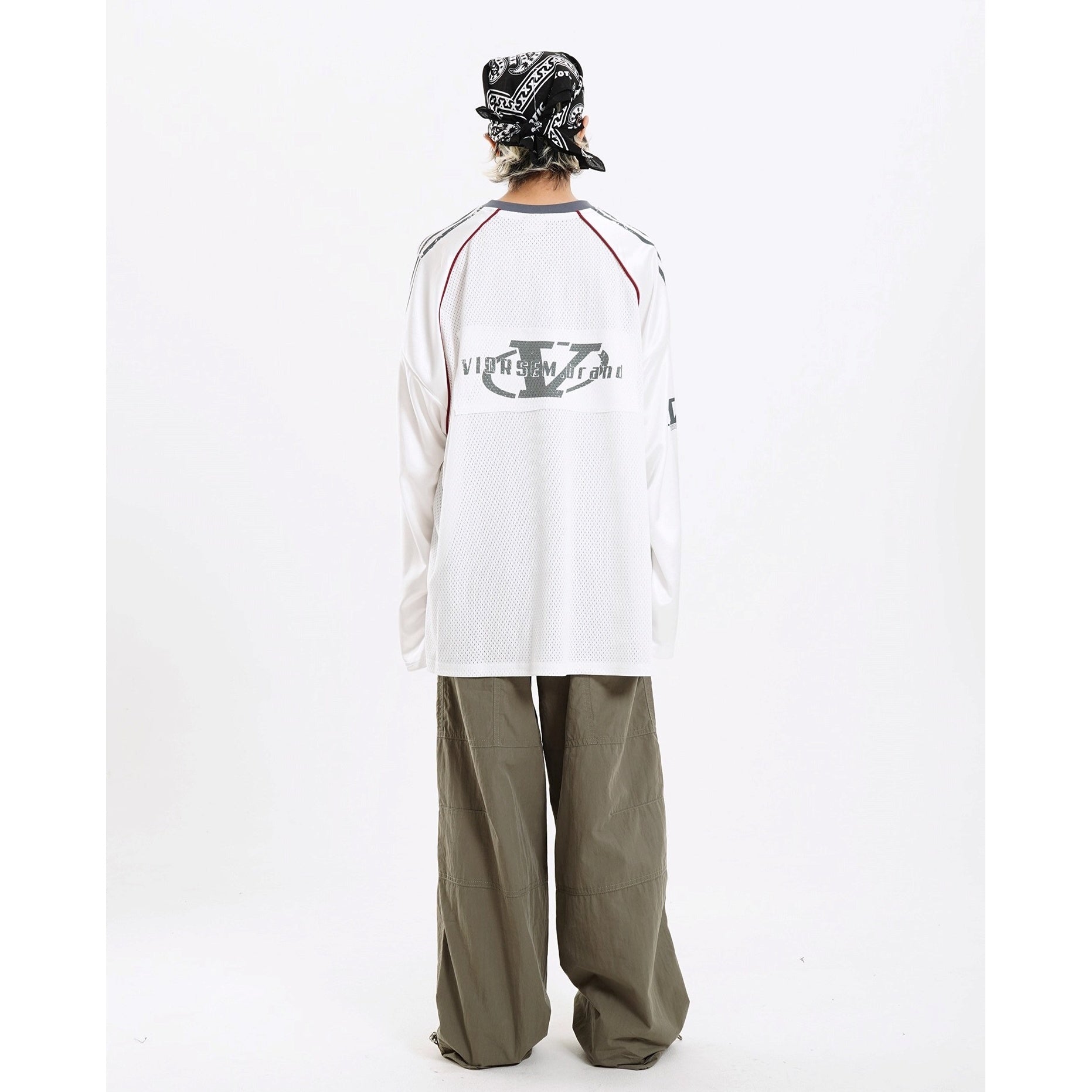 Letter Print V-Neck Mesh Long Sleeve T-Shirt MW10255