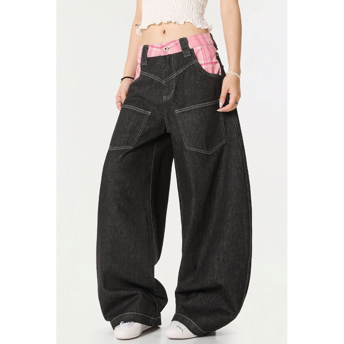 Check-panelled Curve Buggy Jeans MW10234