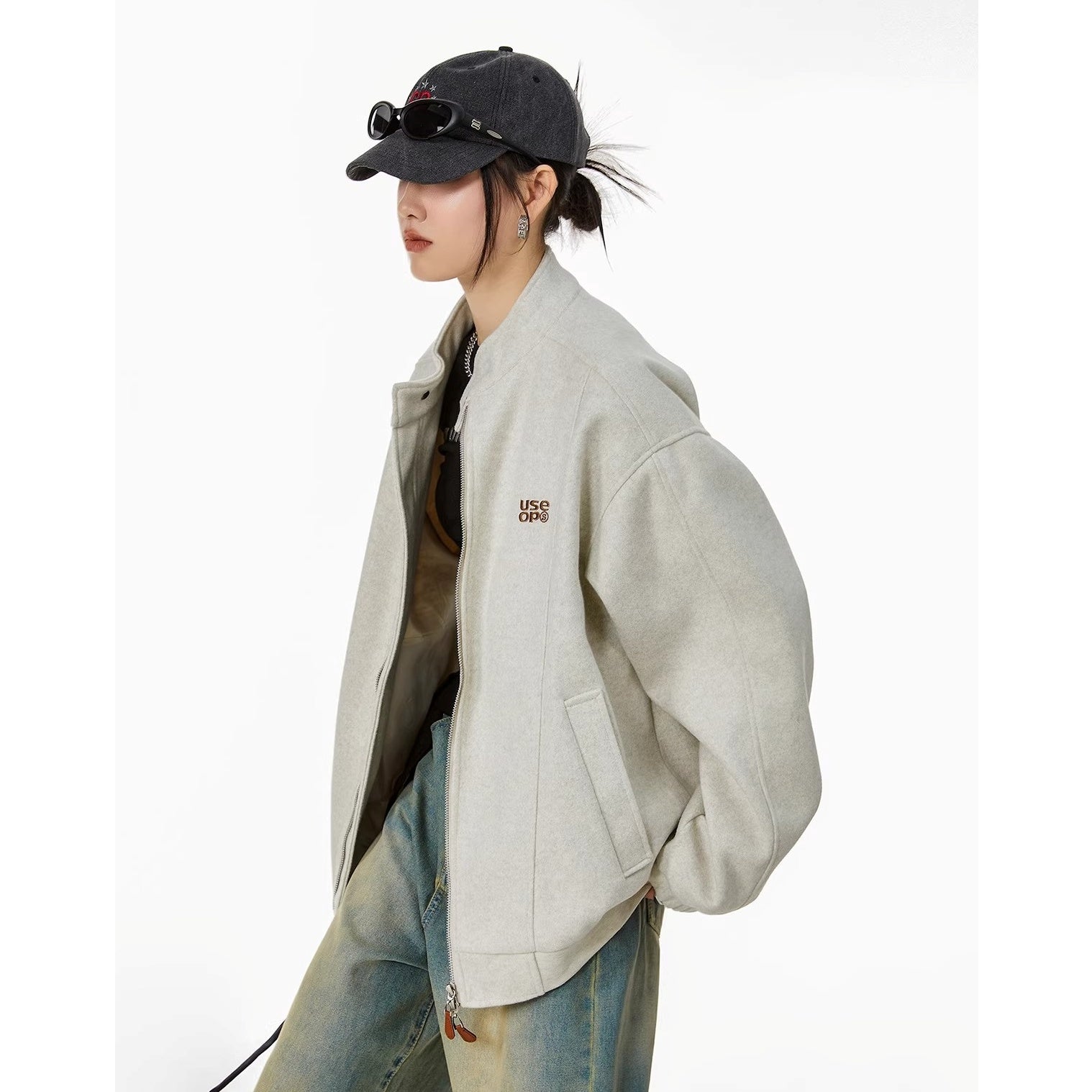 Embroidered Stand Collar Zip Jacket IC9119