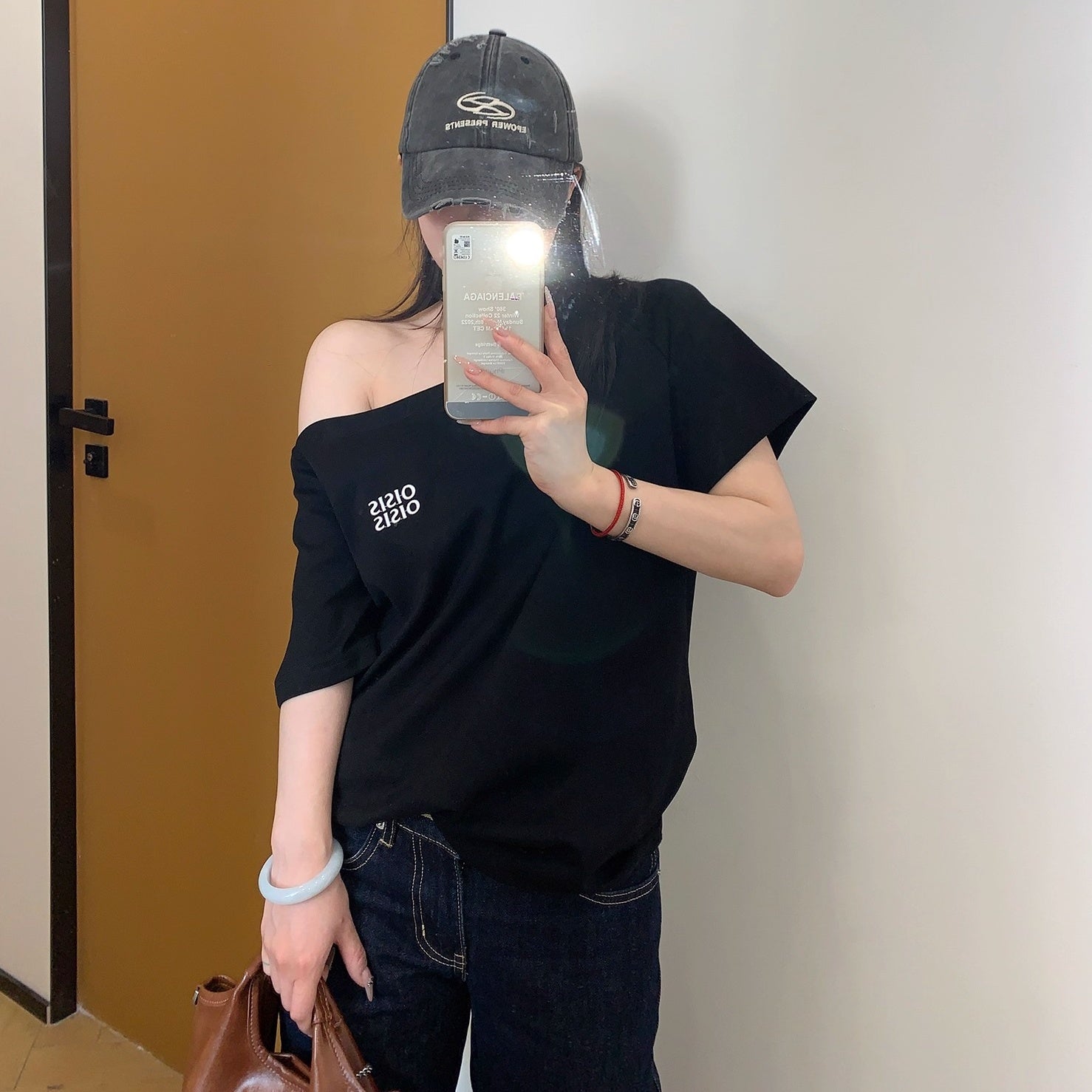 Cropped Slanted Shoulder Embroidered T-shirt OS2017