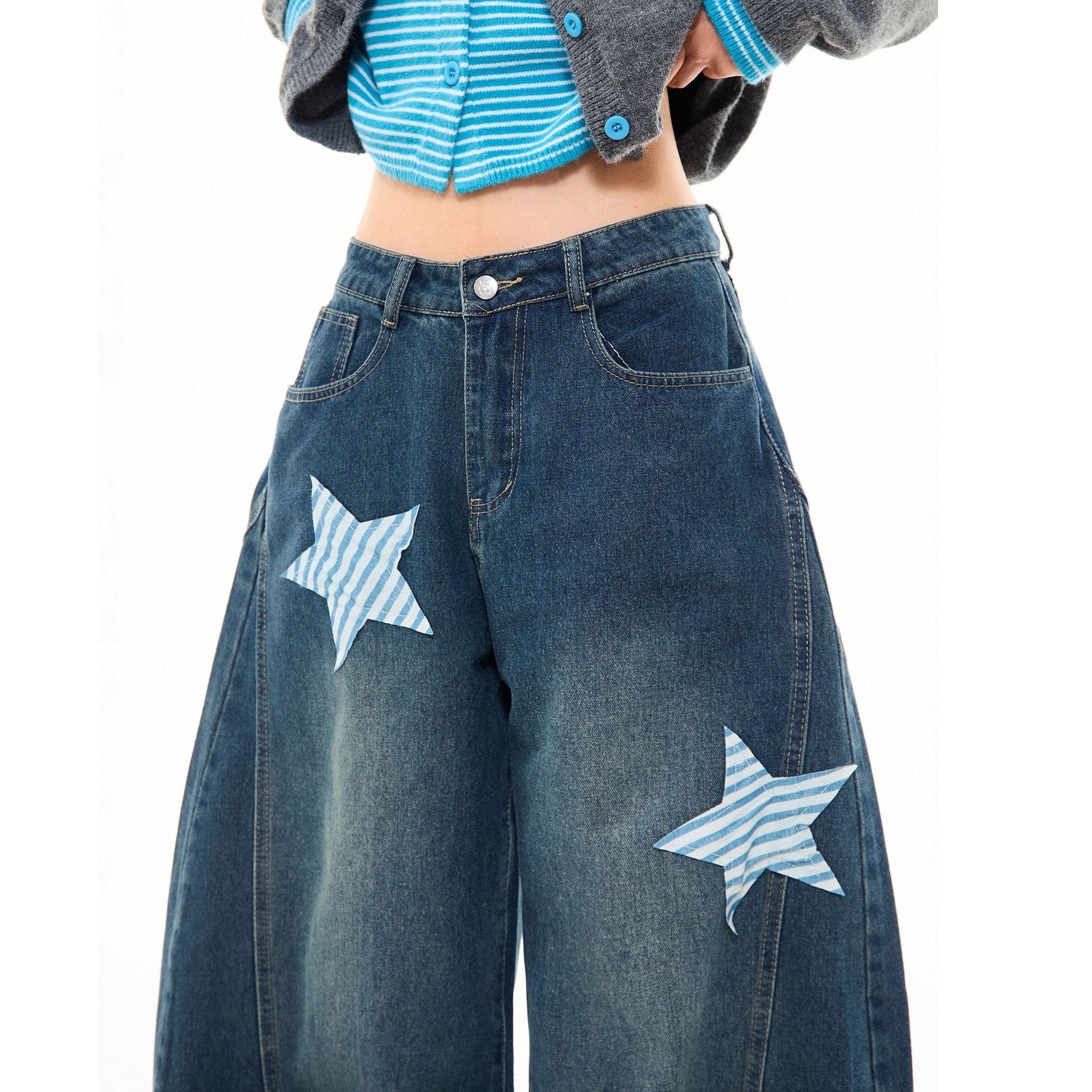 Washed Star Patch Embroidered Scimitar Jeans MW10284