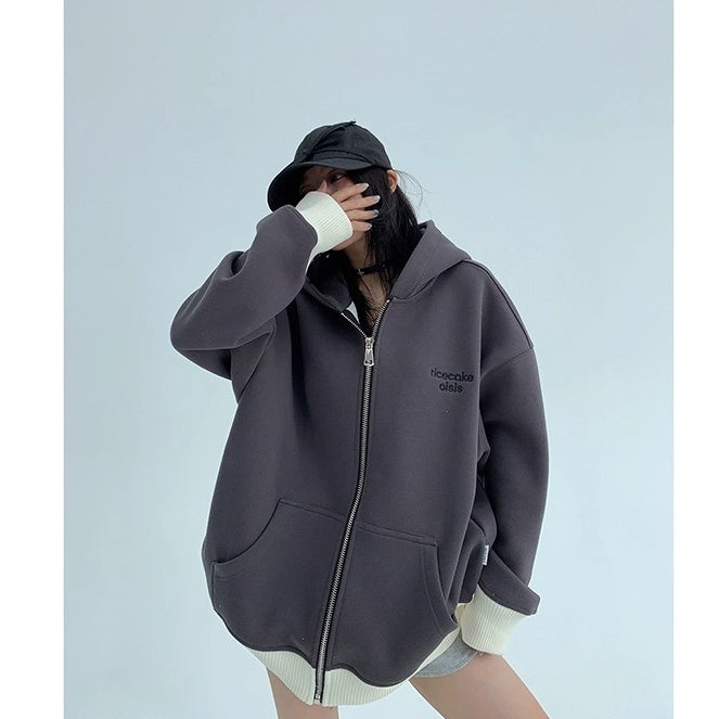 Contrast Embroidery Zip Hooded Jacket OS2043