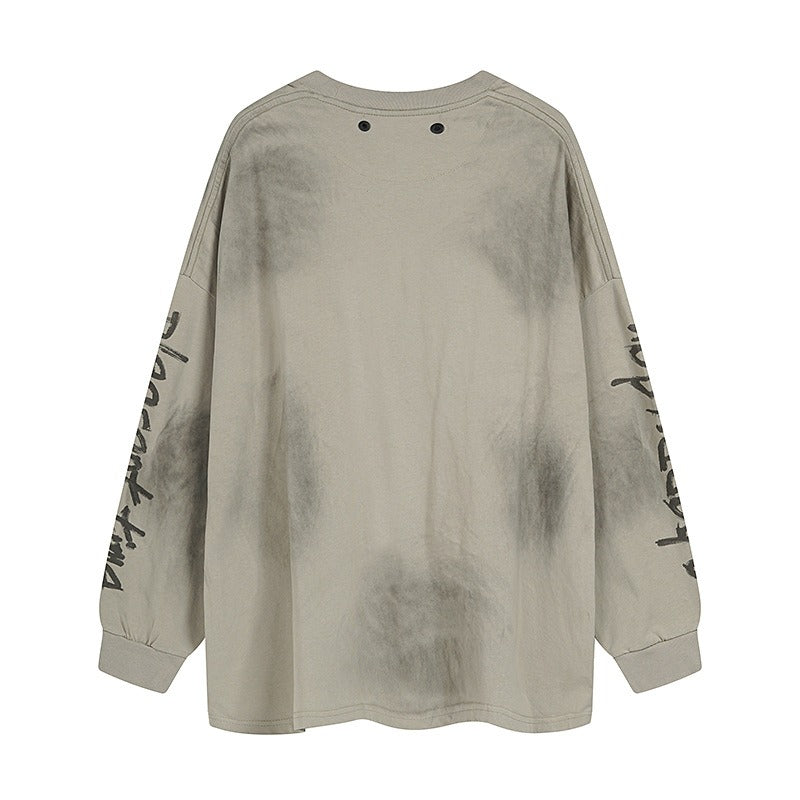 Patch Embroidered Stained Washed Long Sleeve T-shirt MW10248