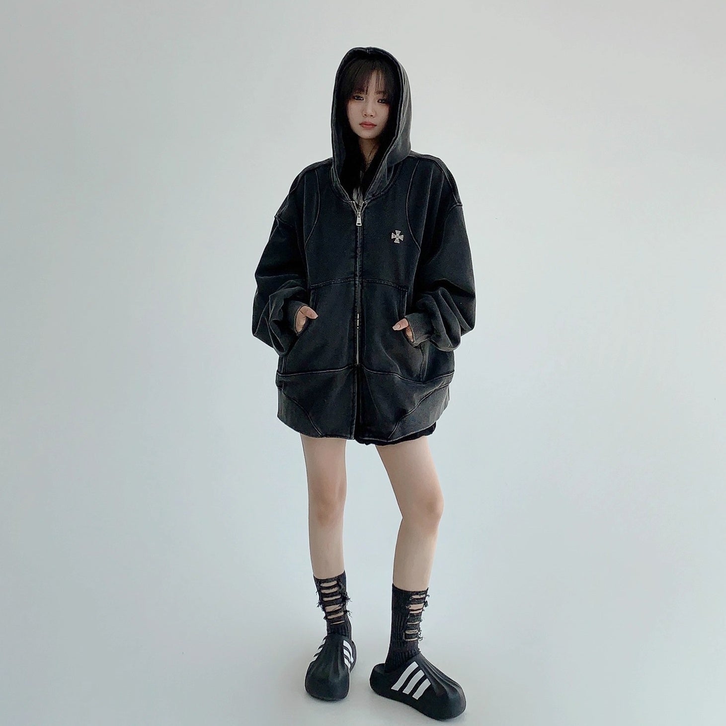 Wash Vintage Cross Badge Loose Hooded Jacket MW10281