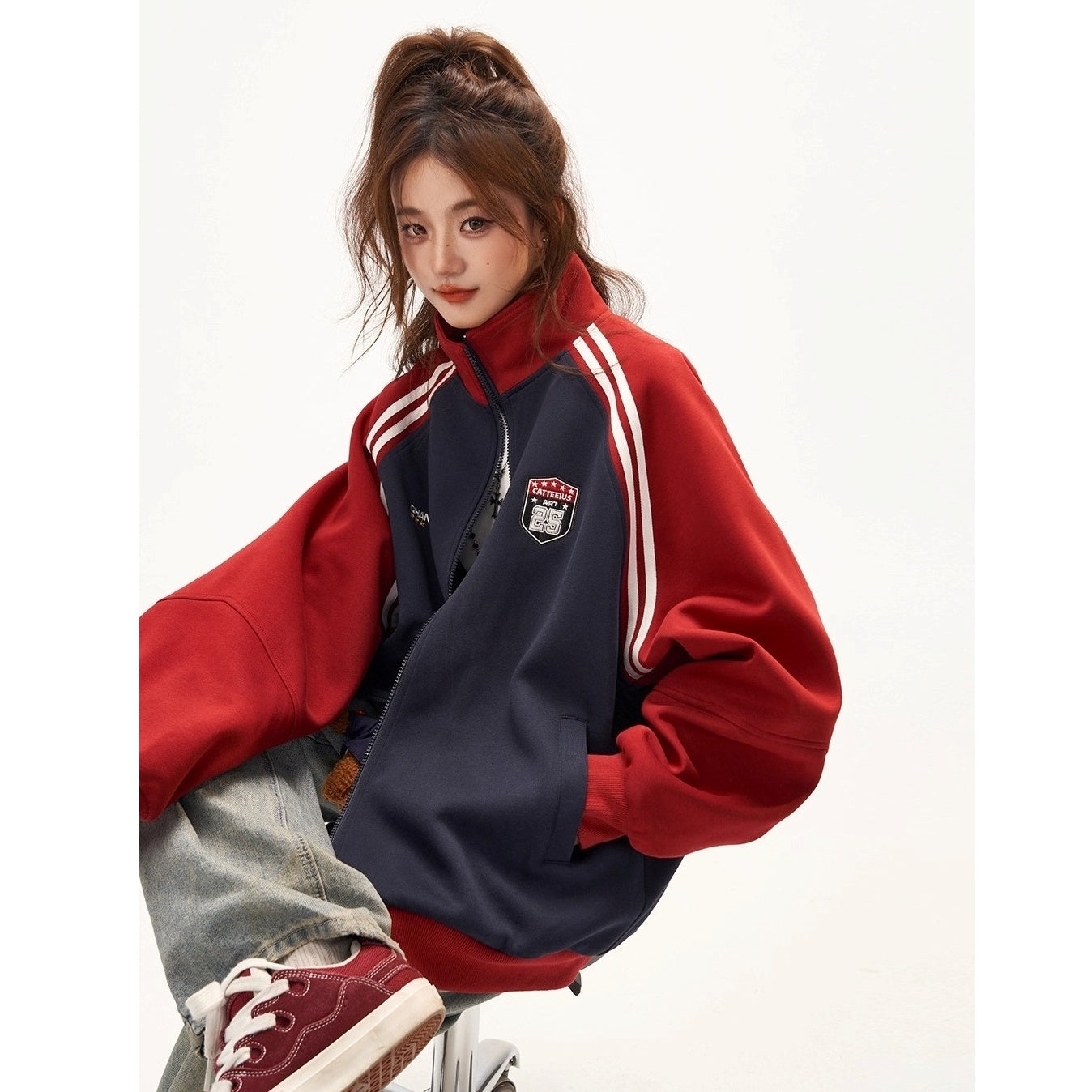 Stand-Collar Raglan Color-blocked Sweat Jacket CA7010