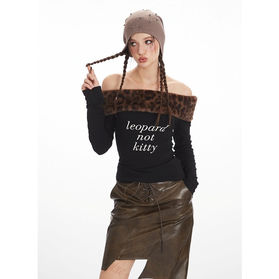 Leopard Fake Fur Off-Shoulder Slim Cutsew NR7008