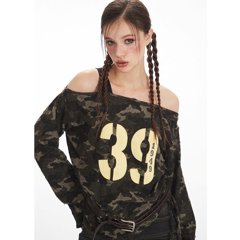 Camouflage Off-the-Shoulder Long Sleeve T-Shirt NR7005