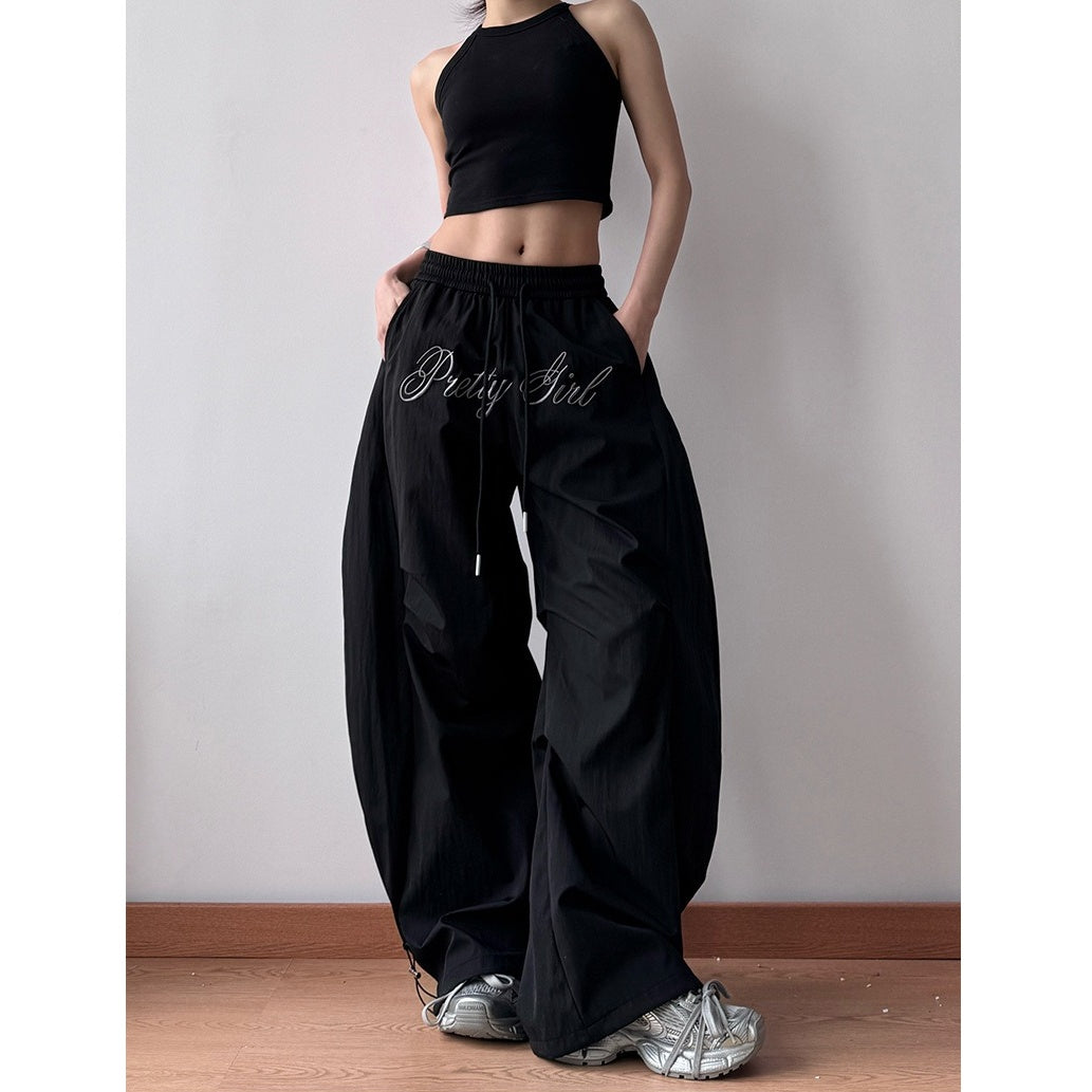 Letter Embroidery Pleated Paratrooper Curve Pants MW10169