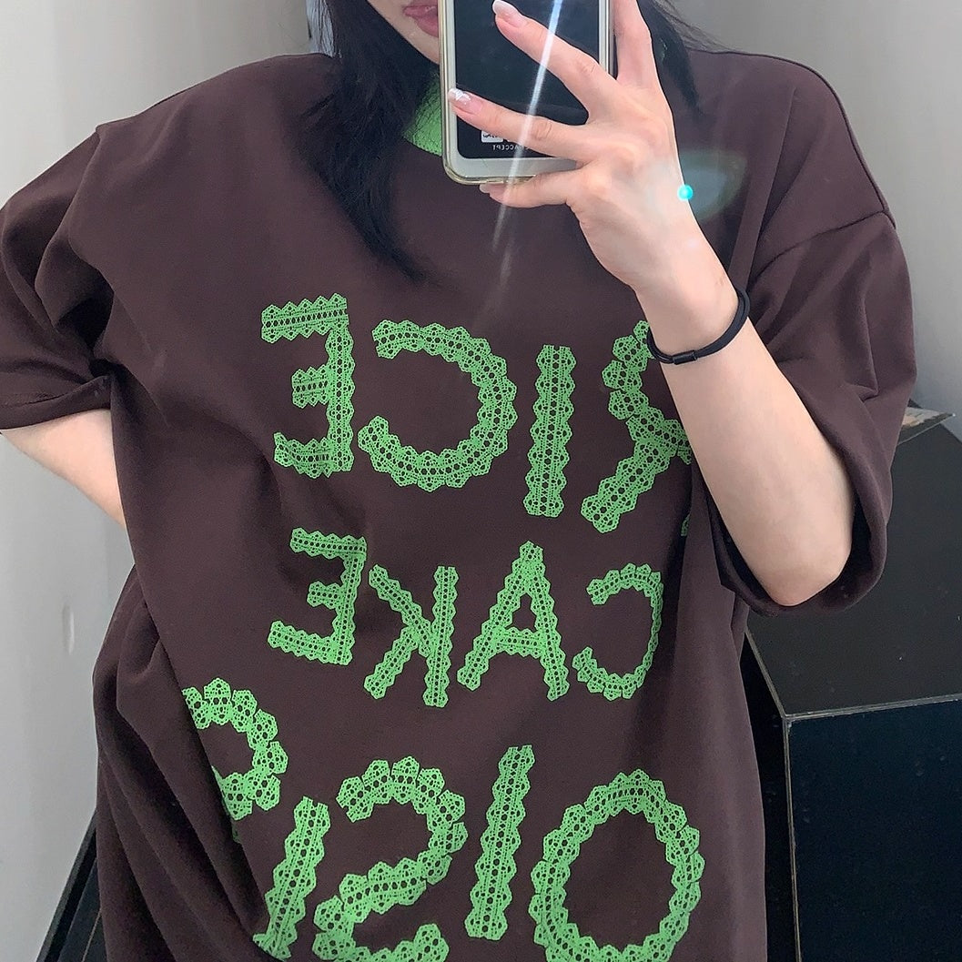 Lace Letter Loose Ringer T-shirt OS2001