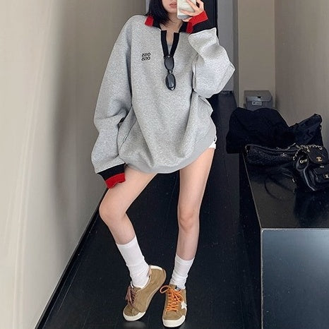 Contrast Polo Collar Loose Sweat OS2045