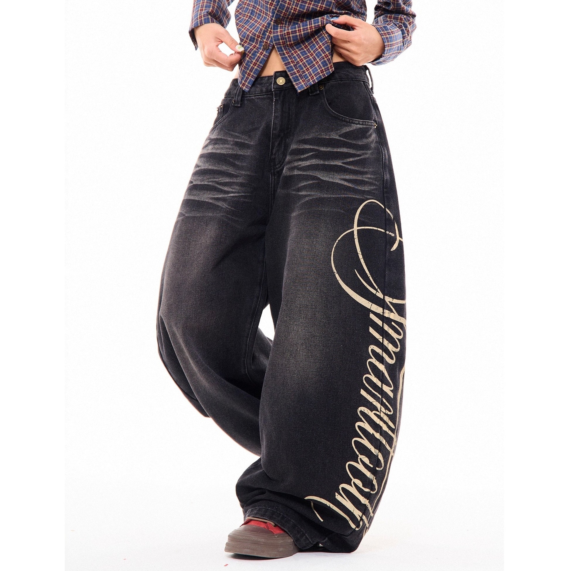 Side Print Washed Cat Whiskers Curve Jeans MW10259