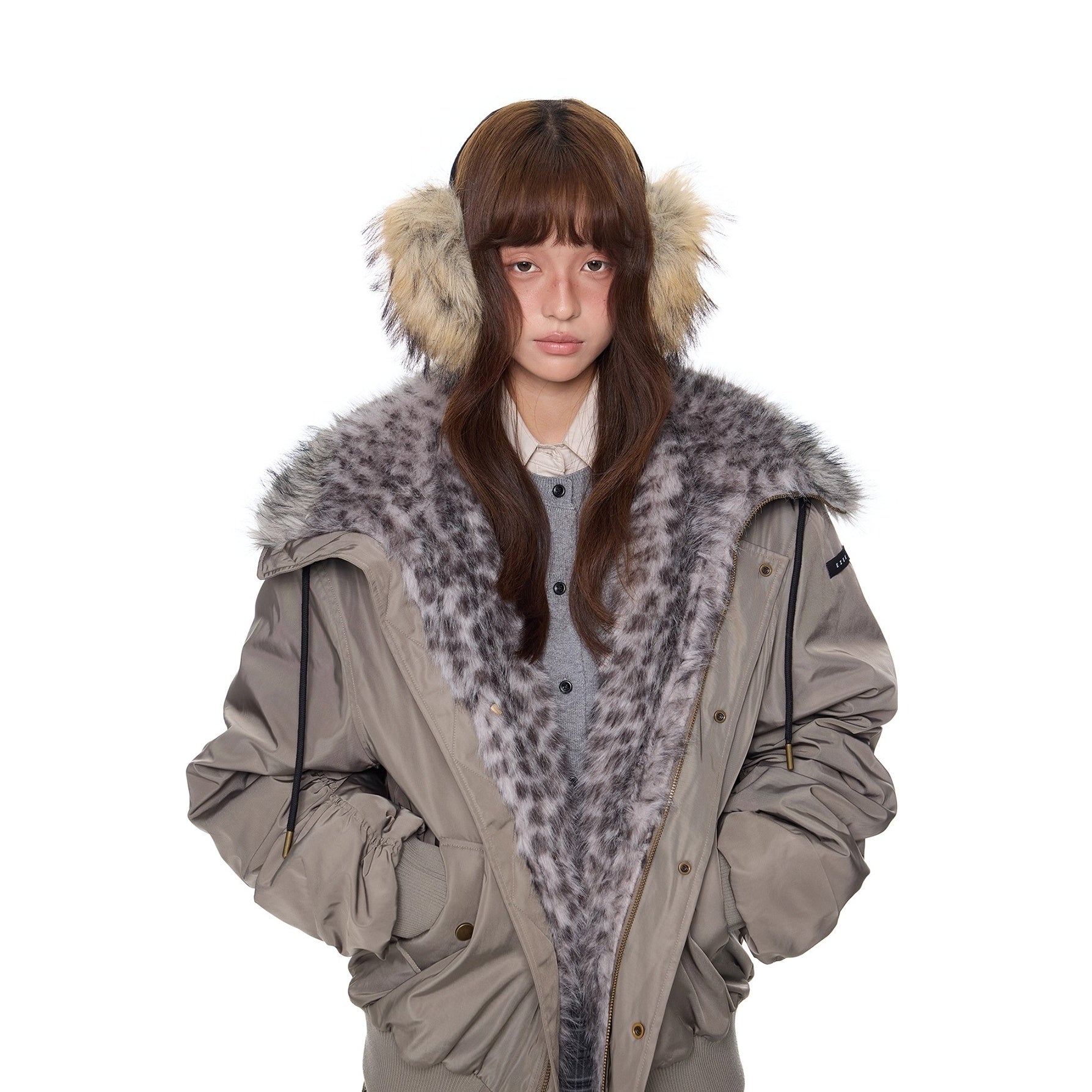 Leopard Liner Fur Short Hooded Jacket EZ273