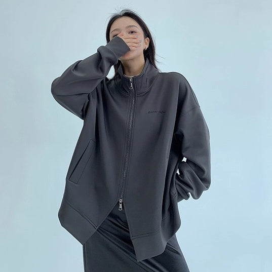 Double Zipper Stand Collar Loose Jacket OS2041