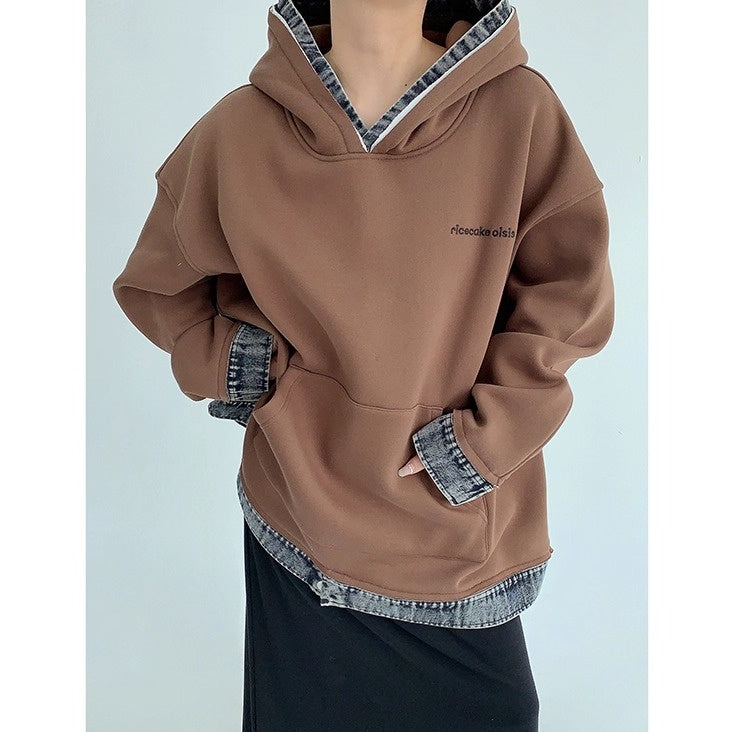 Contrasting Splicing Denim Hooded Sweat OS2056