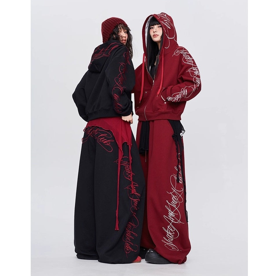 【上下別売り】Gothic Letter Embroidery Hooded Sweat Parka & Pants Set-up CB1001
