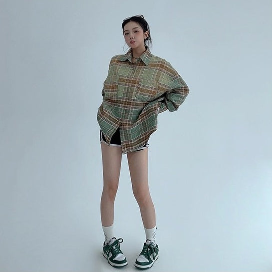 Distressed Gradient Plaid Long-sleeved Shirt OS2022