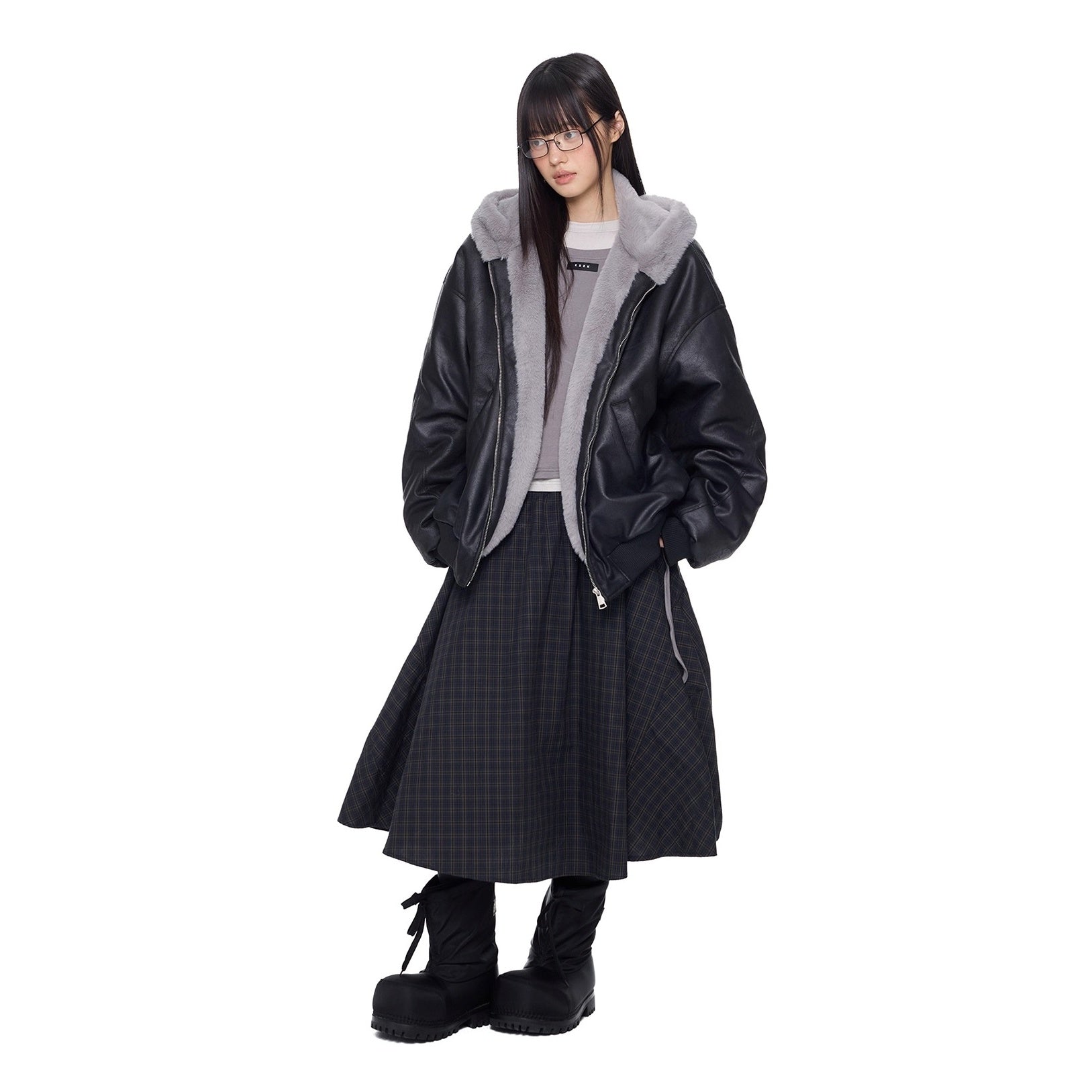 Furry Hooded PU Leather Loose Jacket EZ288