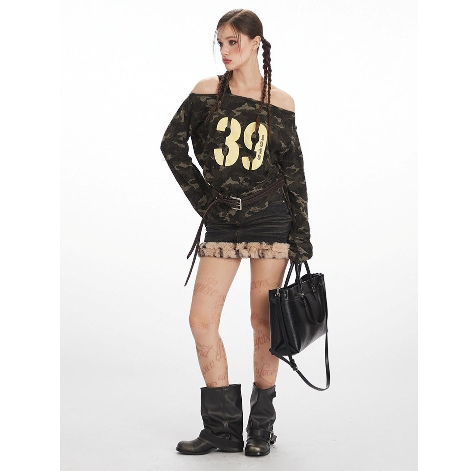 Camouflage Off-the-Shoulder Long Sleeve T-Shirt NR7005