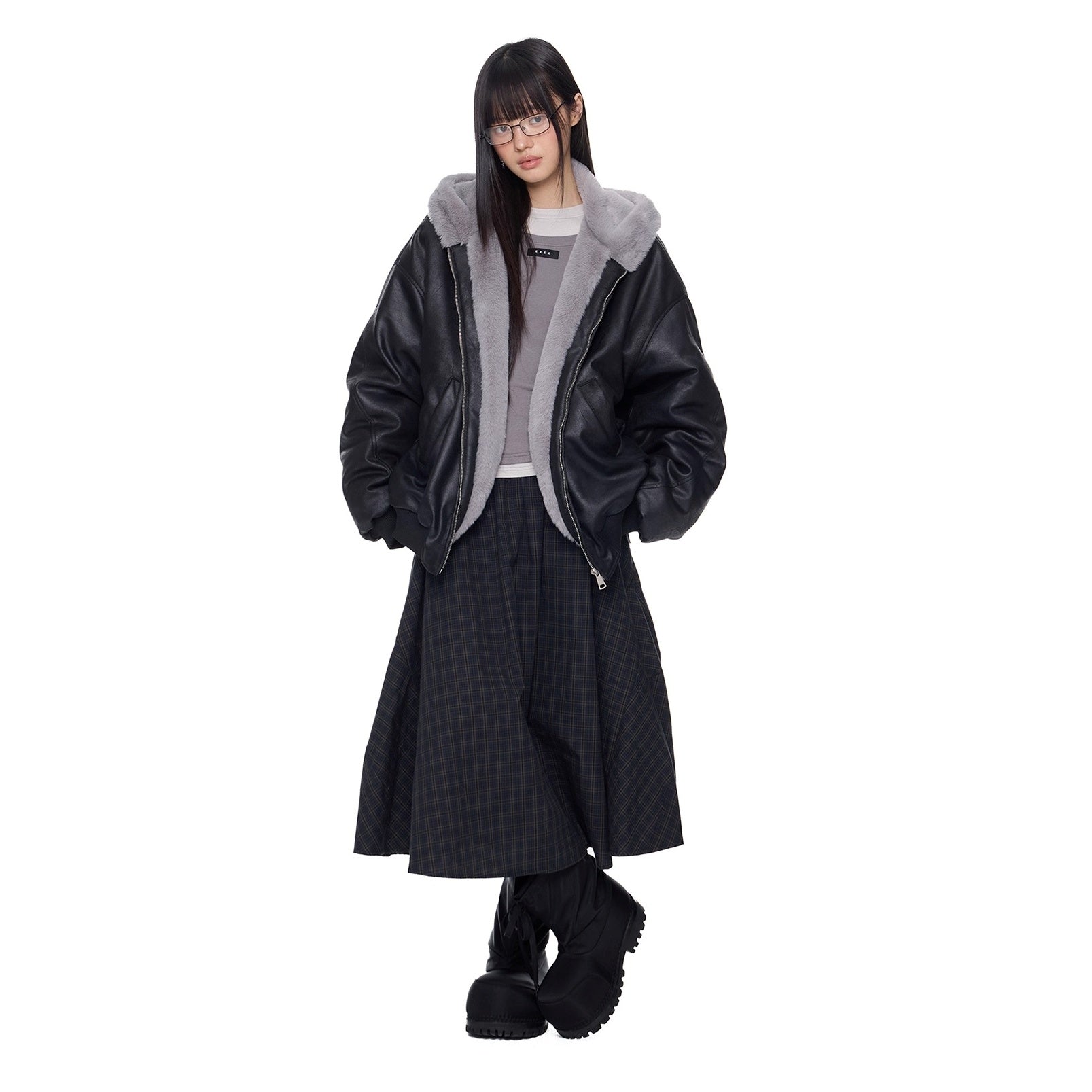 Furry Hooded PU Leather Loose Jacket EZ288