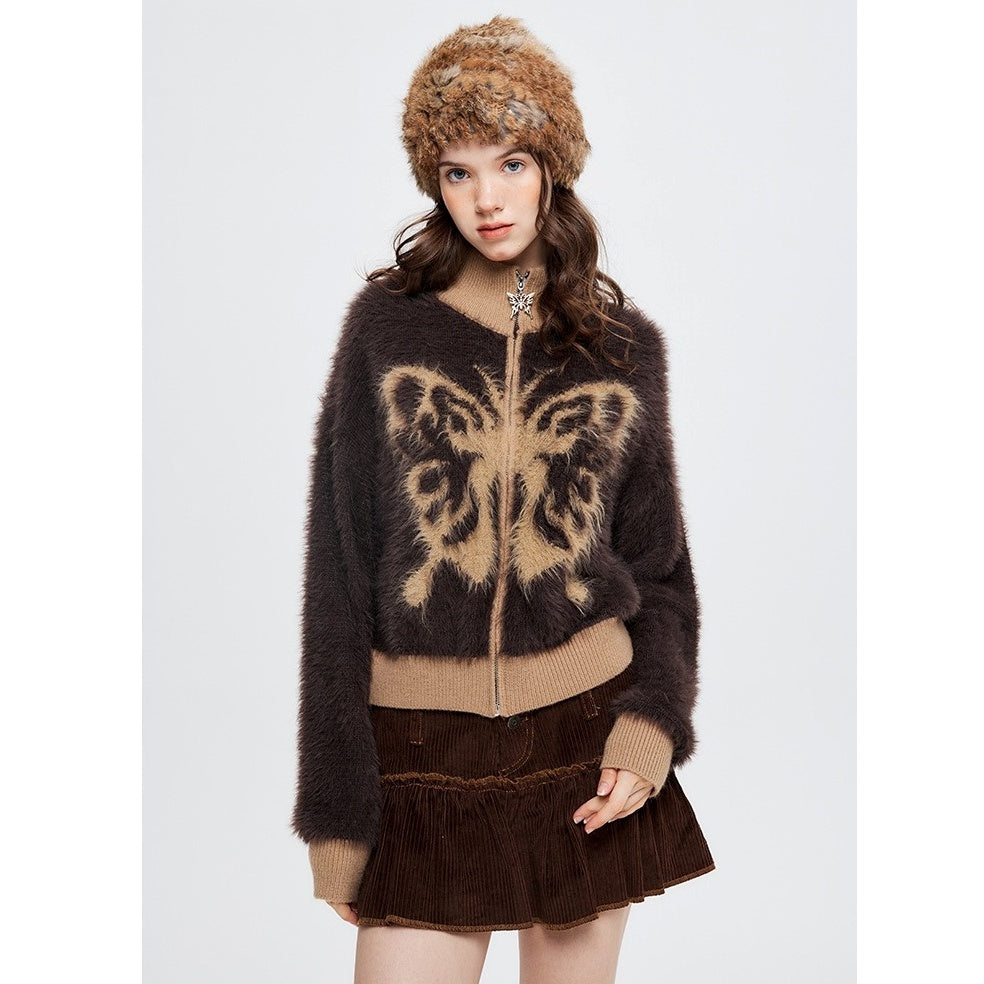 Stand Collar Butterfly Embroidered Cardigan NR7004