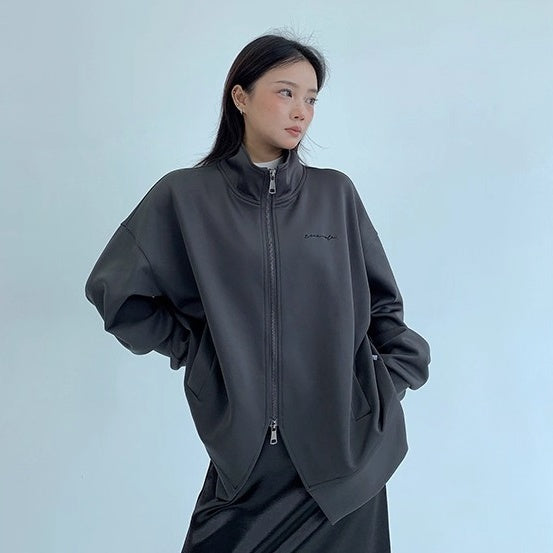Double Zipper Stand Collar Loose Jacket OS2041