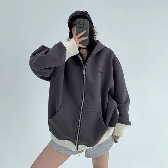 Contrast Embroidery Zip Hooded Jacket OS2043