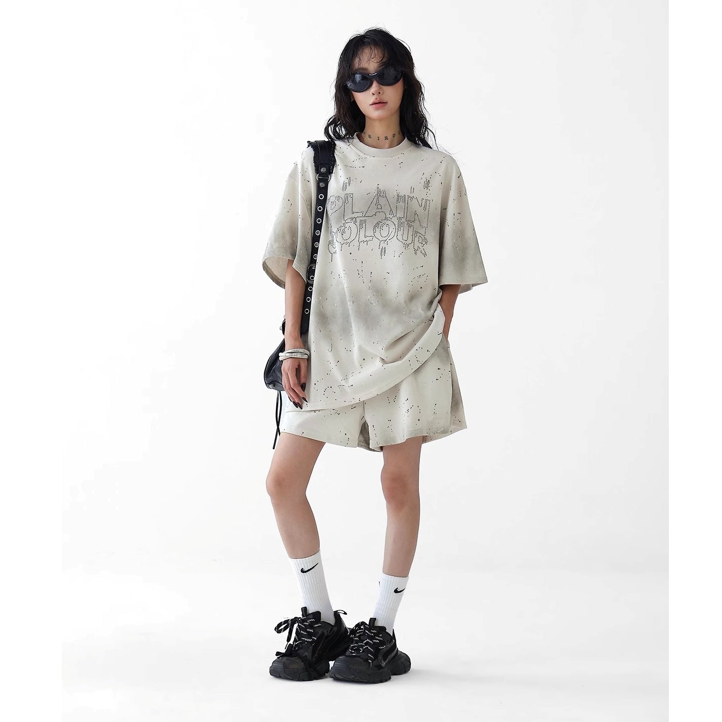 【上下別売り】2Length Rhinestone Tie-Dye T-Shirt & Loose Sweatpants Set-up AC7114